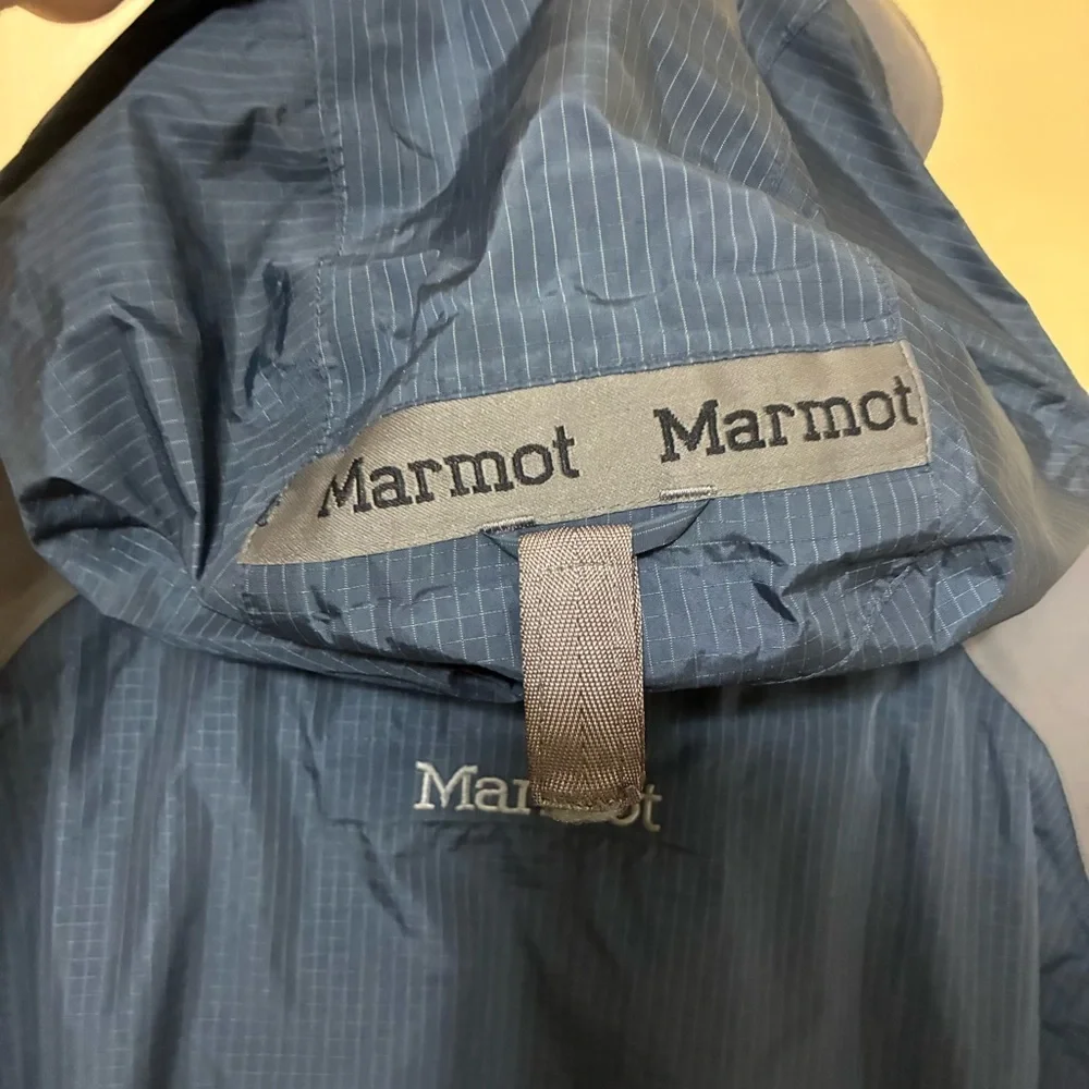 Marmot Full Zip Winter Windbreaker Men’s M Blue Gray Utility Hooded Brim Jacket